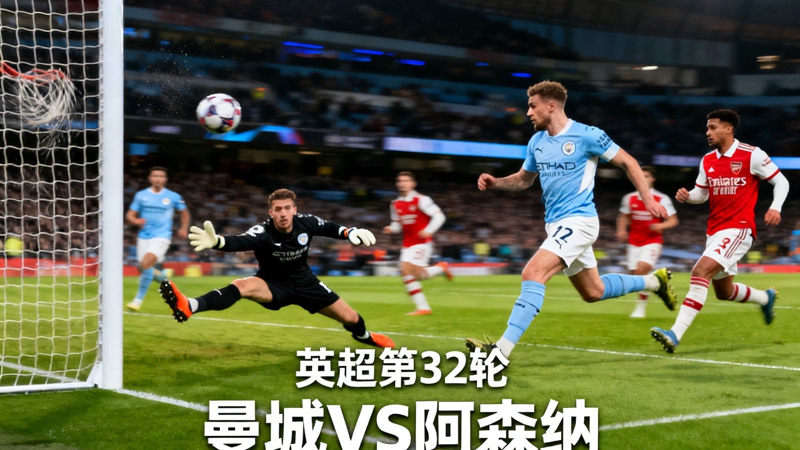 英超第32轮曼城对阵阿森纳的全场集锦，包含3粒进球和多次关键扑救